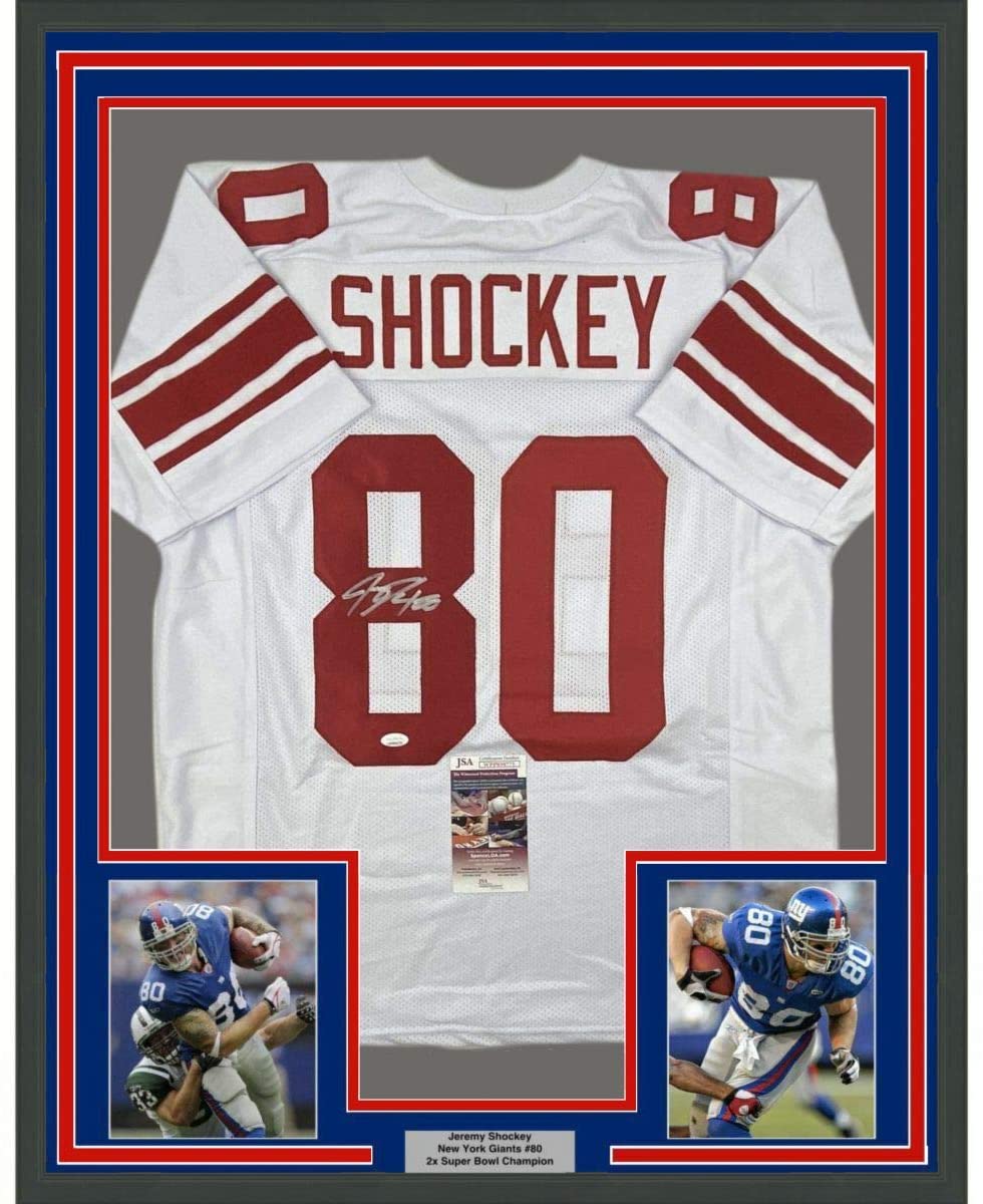 Framed Autographed/Signed Jeremy Shockey 35x39 New York White Football Jersey JSA COA