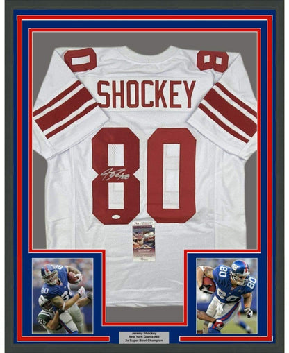Framed Autographed/Signed Jeremy Shockey 35x39 New York White Football Jersey JSA COA
