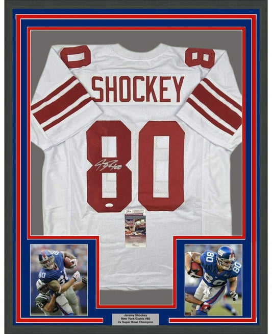 Framed Autographed/Signed Jeremy Shockey 35x39 New York White Football Jersey JSA COA