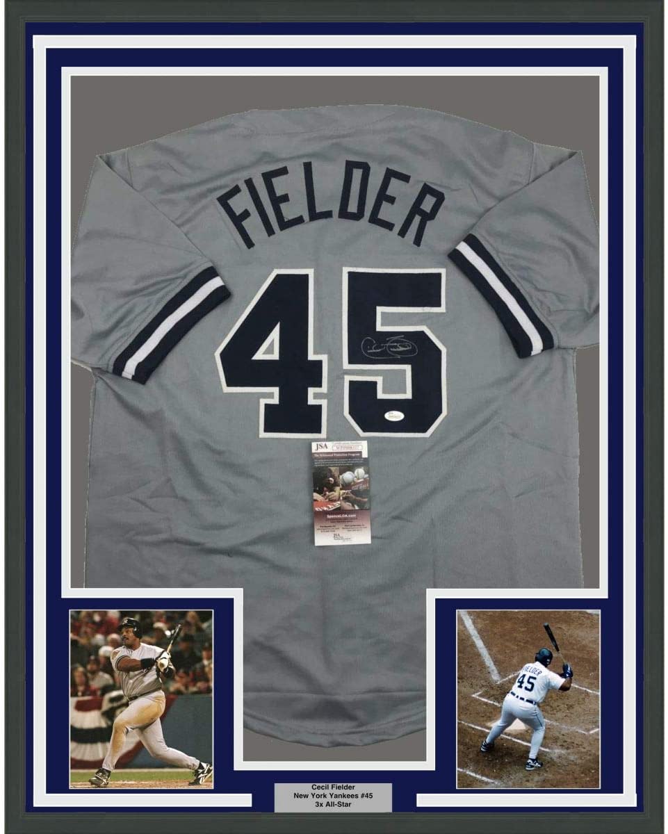 Framed Autographed/Signed Cecil Fielder 35x39 New York Grey Baseball Jersey JSA COA