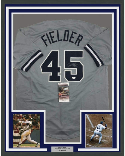 Framed Autographed/Signed Cecil Fielder 35x39 New York Grey Baseball Jersey JSA COA