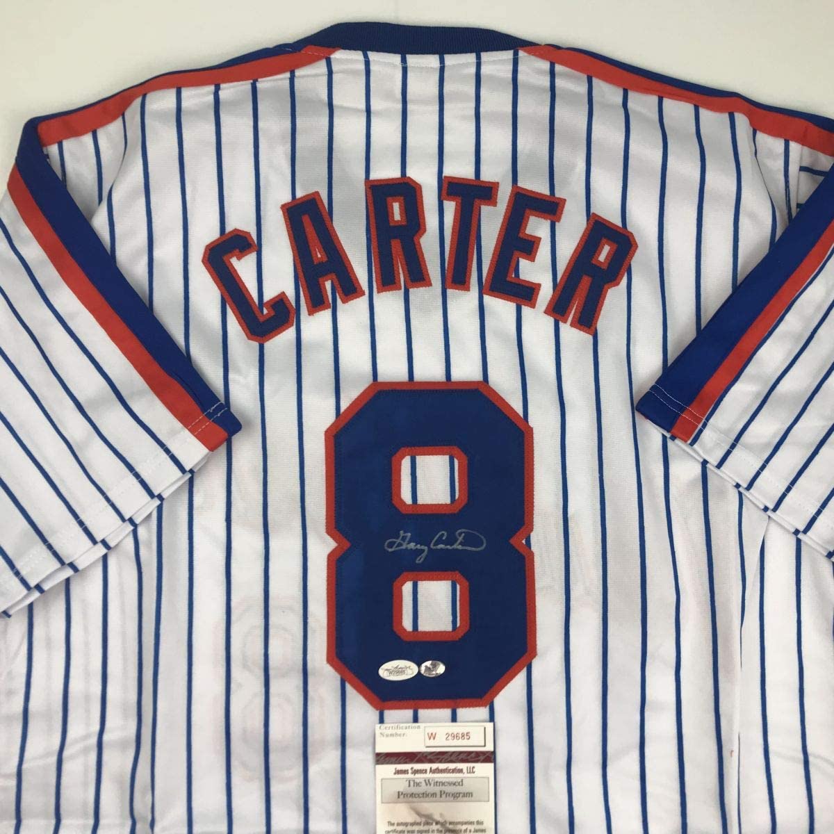 Autographed/Signed Gary Carter New York Pinstripe Baseball Jersey JSA COA