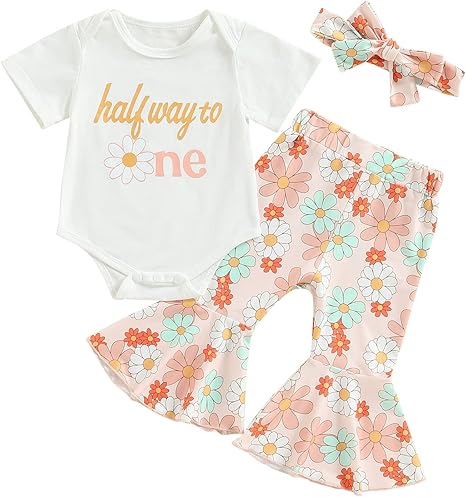 Baby Girl Half 1st 2nd Birthday Outfit Short Sleeve Romper/Shirt Top Floral Bell Bottoms Pants Birthday Girl Outfit