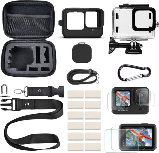 FINEST+ Accessories Kit for GoPro Hero 11/Hero 10/ Hero 9 Black Waterproof Housing+Tempered Glass Screen Protector+Carrying Case+Sleeve Case+Carabiner+Anti-Fog Inserts for Go Pro Hero 11/10/9 Black