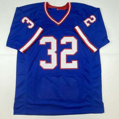 Autographed/Signed OJ O.J. Simpson Buffalo Blue Stat Football Jersey JSA COA