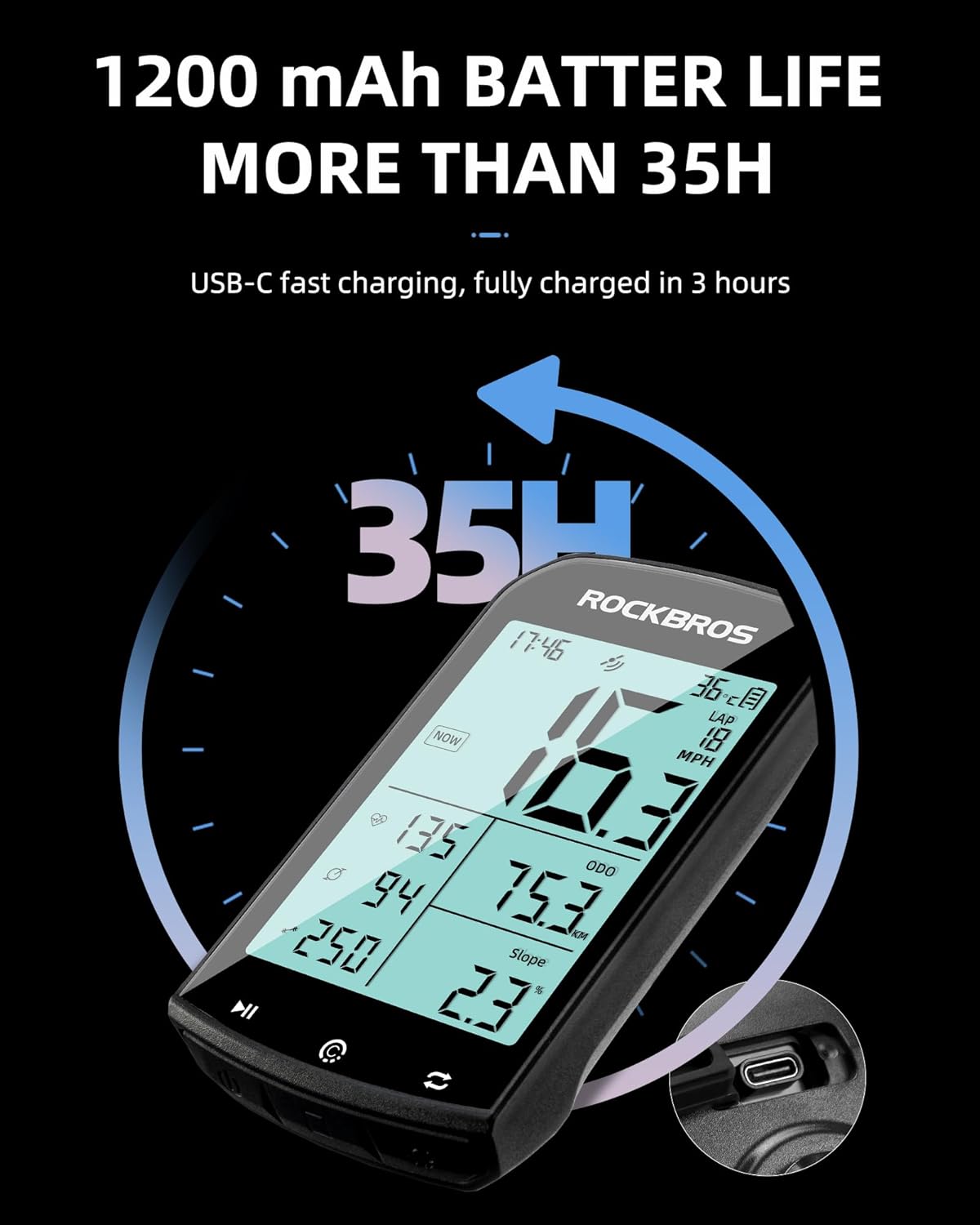 ROCKBROS M1 Wireless Bike Computer GPS 2.9-inch LCD Waterproof Fast Charging