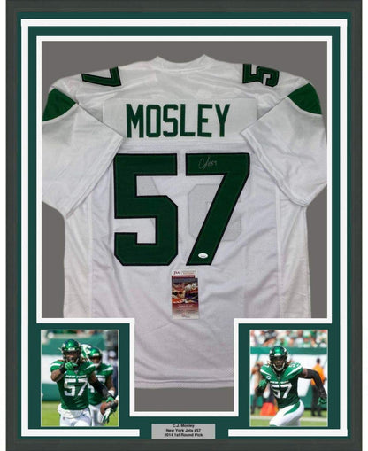 Framed Autographed/Signed CJ C.J. Mosley 35x39 New York White Football Jersey JSA COA