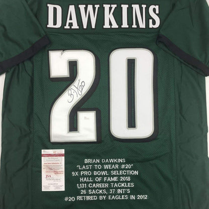 Autographed/Signed Brian Dawkins Philadelphia Green Stat Football Jersey JSA COA