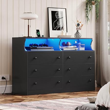 DICTAC LED Dresser for Bedroom, 6 Drawer Double Dresser with Charging Station, Chest of Drawers with Open Storage, Modern Storage Organizer Unit for Bedroom, Closet, Living Room, Black