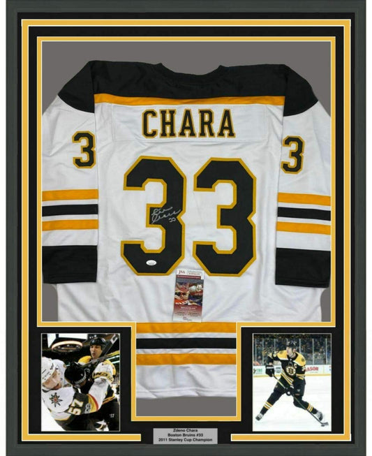 Framed Autographed/Signed Zdeno Chara 35x39 Boston White Hockey Jersey JSA COA