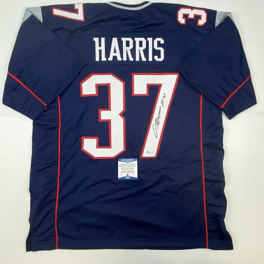 Autographed/Signed Damien Harris New England Blue Football Jersey Beckett BAS COA