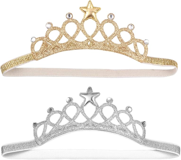 Beaupretty 2PCS Baby Girls Crystal Crown Tiara Hair Belt Headband Soft Headwrap Princess Headpiece Children Hair Accessories for Birthday Party, Photography (Silver+Gold)