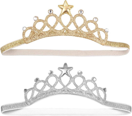 Beaupretty 2PCS Baby Girls Crystal Crown Tiara Hair Belt Headband Soft Headwrap Princess Headpiece Children Hair Accessories for Birthday Party, Photography (Silver+Gold)