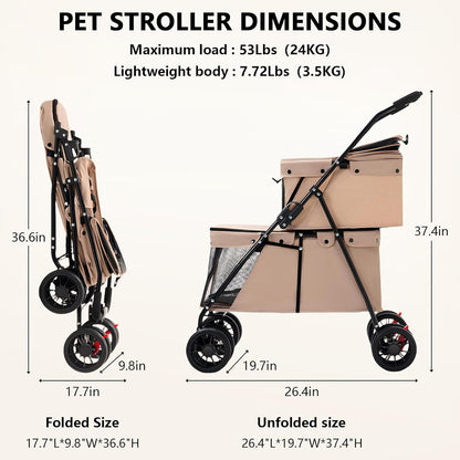 Double Pet Stroller + Foldable Beige Linen Breathable Design