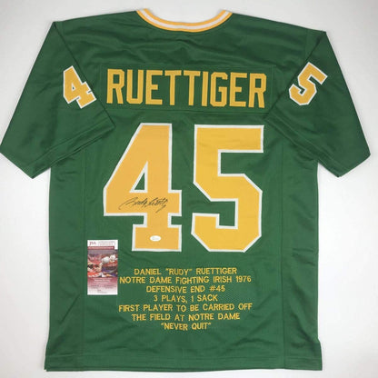 Autographed/Signed Rudy Ruettiger Notre Dame Green Stat College Football Jersey JSA COA
