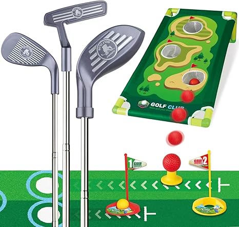 Toddler Golf Clubs Set Adjustable, Upgraded Kids Golf Toys with Cornhole Putting Mat, Indoor & Outdoor Backyard Golf Game Toy Playset Gifts for Aged 2 3 4 5 6 7 8 Toddlers Kids Baby (Grey, M)