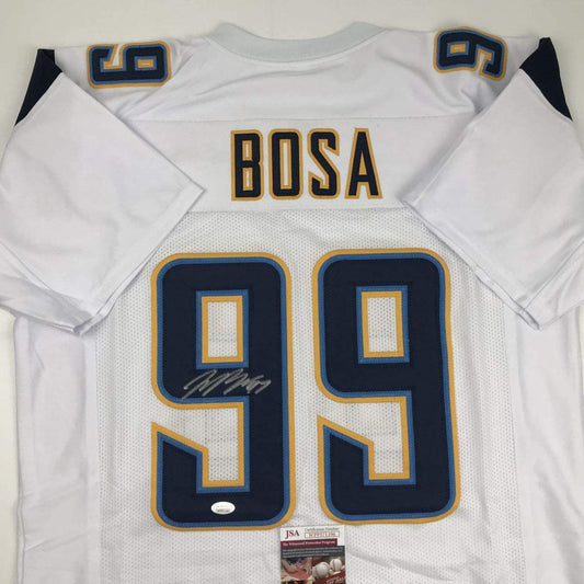 Autographed/Signed Joey Bosa Los Angeles LA White Football Jersey JSA COA