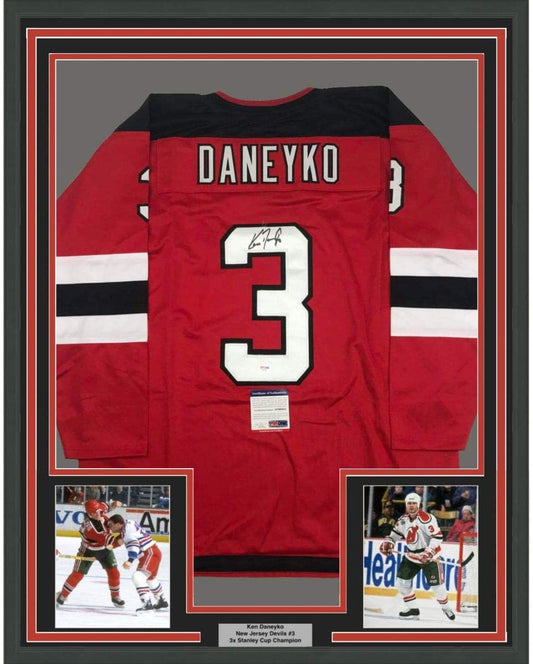 Framed Autographed/Signed Ken Daneyko 35x39 New Jersey Red Hockey Jersey PSA/DNA COA
