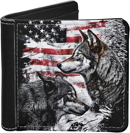 Wolf and Flag Bifold Wallets Purse Minimalist Wallet for Men Boys Money Bag Organizer Card Case Clutch Leather ID Card Case Animal Billfold