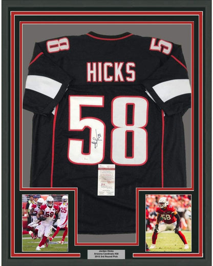 Framed Autographed/Signed Jordan Hicks 35x39 Arizona Black Football Jersey JSA COA