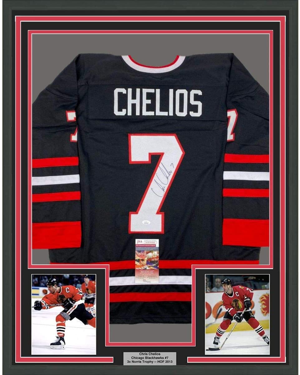 Framed Autographed/Signed Chris Chelios 35x39 Chicago Black Hockey Jersey JSA COA
