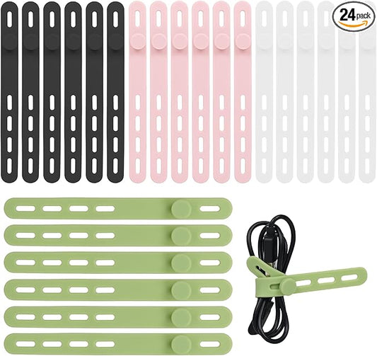 24Pcs Silicone Cable Ties - Reusable & Washable with Locking Buckle Design, Adjustable Fastening Cable Straps, Multi-Purpose High Elasticity Cord Organizer (4 Colors)