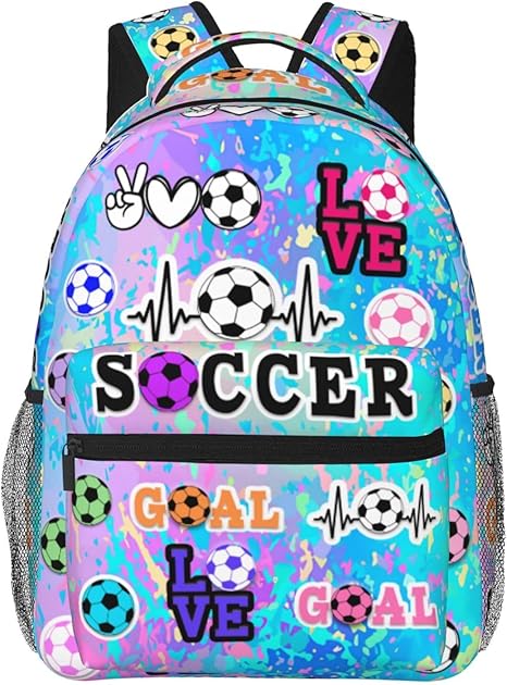 Cute Soccer Backpack Football Print School Bookbag 16 Inch Casual Backpack Travel Bag for Kids Boys Girls Adults Gifts
