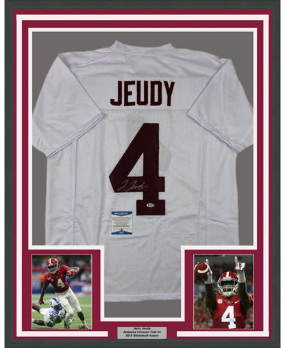 Framed Autographed/Signed Jerry Jeudy 35x39 Alabama White College Football Jersey Beckett BAS COA