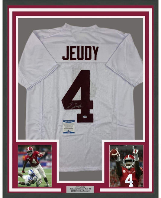 Framed Autographed/Signed Jerry Jeudy 35x39 Alabama White College Football Jersey Beckett BAS COA