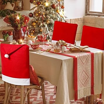 6 PCS Christmas Chair Covers, Christmas Decoration Santa Claus Hat Slipcover Xmas Chair Back Cover for Christmas Dining Room Xmas Restaurant Hoilday Festival Party Decoration