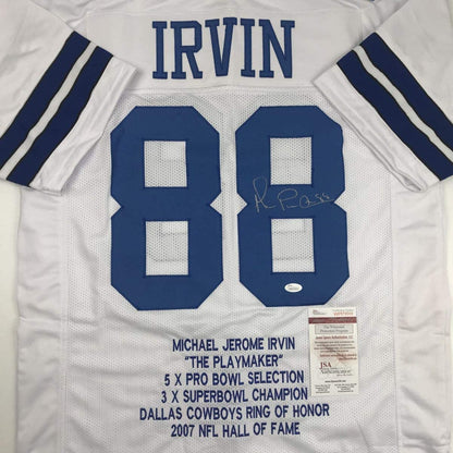 Autographed/Signed Michael Irvin Dallas White Stat Football Jersey JSA COA