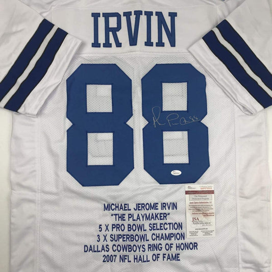 Autographed/Signed Michael Irvin Dallas White Stat Football Jersey JSA COA