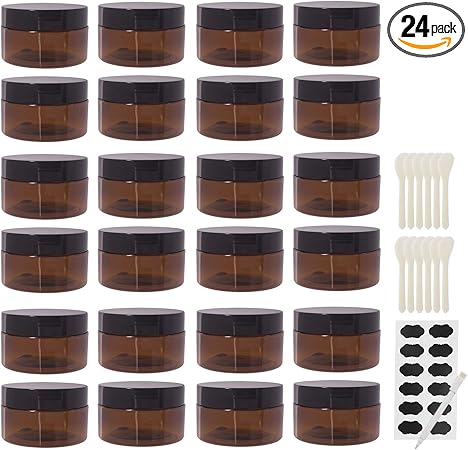 24 Pack 3.3 OZ(100ml) Amber Plastic Jars With Black Lids, 12 Spatula, A Pen, Labels - PET Storage Container for Cosmetic, Cream, Gel, Lotion-Travel Jar Plastic Slime Jars