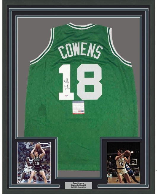 Framed Autographed/Signed Dave Cowens 35x39 Boston Green Basketball Jersey PSA/DNA COA