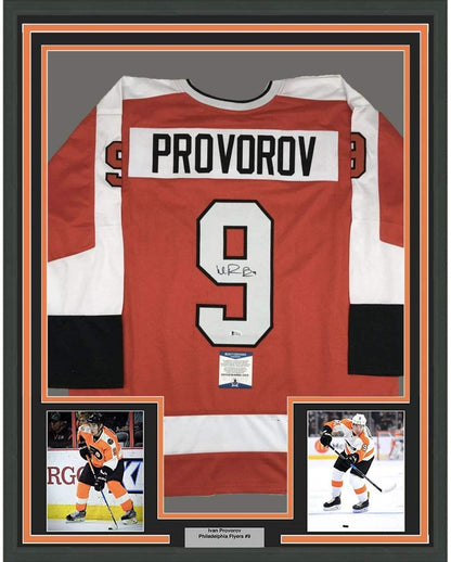 Framed Autographed/Signed Ivan Provorov 35x39 Philadelphia Orange Hockey Jersey Beckett BAS COA