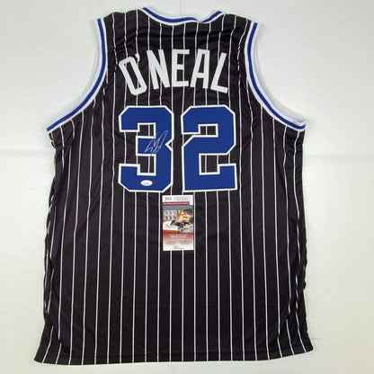 Autographed/Signed Shaquille Shaq O'Neal Orlando Black Pinstripe Basketball Jersey JSA COA