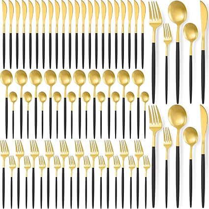 60 Pieces Stainless Steel Tableware Set Silverware Set Flatware Cutlery Set Utensils Set Spoon Fork Knives Set Service for 12 for Home Restaurant Apartment and Kitchens (Black Gold)