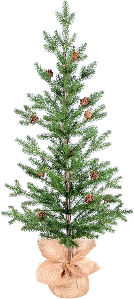3FT Tabletop Artificial Christmas Tree with 228 PE Branch Tips, Pinecones, Unlit Small Xmas PE Trees with Cement Base Wrapped in Burlap, Green