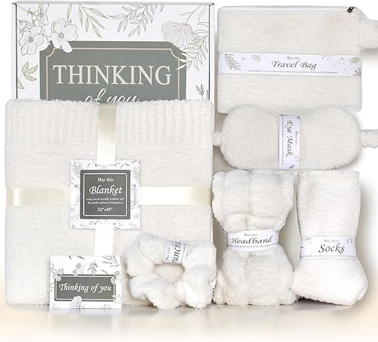 JOOJA Birthday Get Well Soon Cozy Gift Basket Care Package for Women with Blanket, Fuzzy Socks, Eye Mask, Headband Cozy Essentials - White