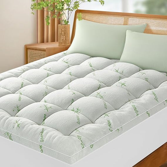 Baauye Bambu_Viscose Mattress Topper Queen, 1200 GSM Cooling Mattress Pad, Extra Thick Pillow Top Mattress Topper for Back Pain, 2" 7D Down Alternative Filling with 8"-21" Deep Pocket(Green, 60"x80")