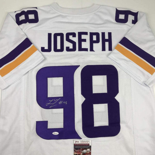 Autographed/Signed Linval Joseph Minnesota White Football Jersey JSA COA