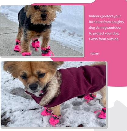 Waterproof Reflective Dog Boots – Winter Warm Anti-Slip Pet Shoes with Adjustable Drawstring, for Small Dogs & Puppies (Set of 4)