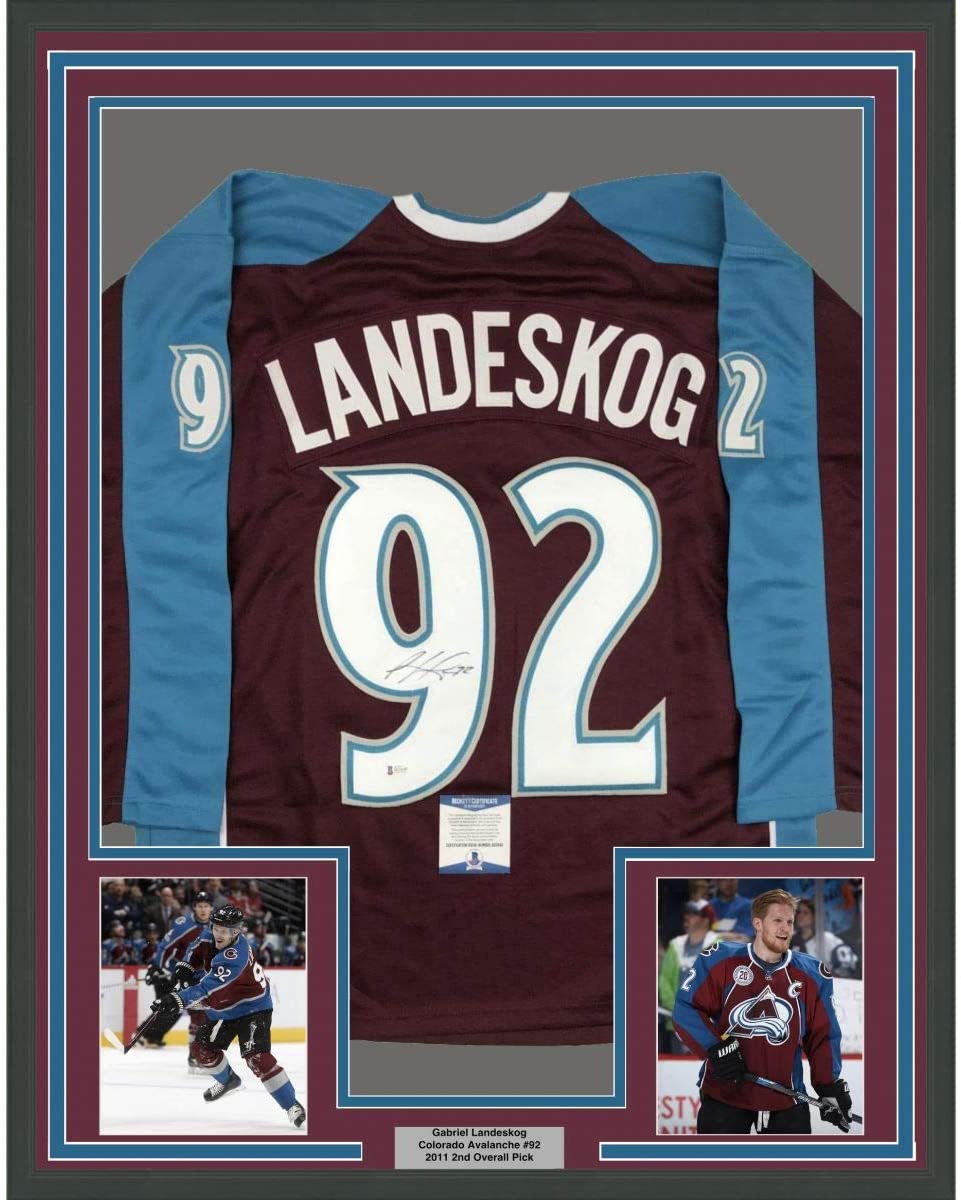 Framed Autographed/Signed Gabriel Landeskog 35x39 Colorado Maroon Hockey Jersey Beckett BAS COA