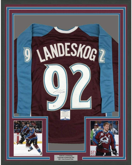 Framed Autographed/Signed Gabriel Landeskog 35x39 Colorado Maroon Hockey Jersey Beckett BAS COA