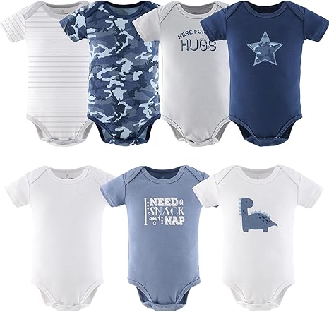 The Peanutshell Baby Bodysuits for Boys, Short Sleeve 7 Pack, Newborn to 24 Months, Blue Camo