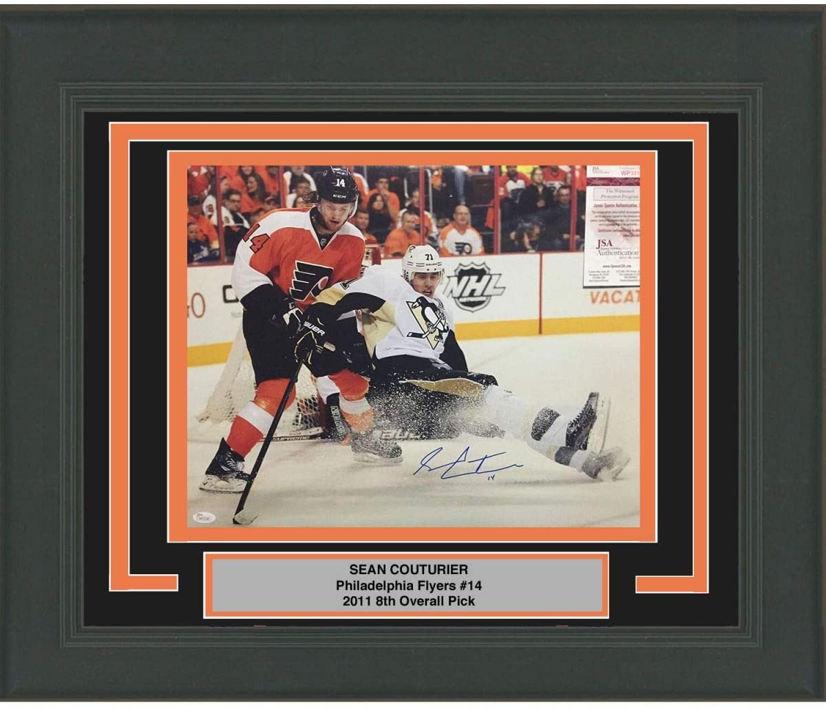 Framed Autographed/Signed Sean Couturier vs. Evgeni Malkin 16x20 Philadelphia Flyers Hockey Photo JSA COA