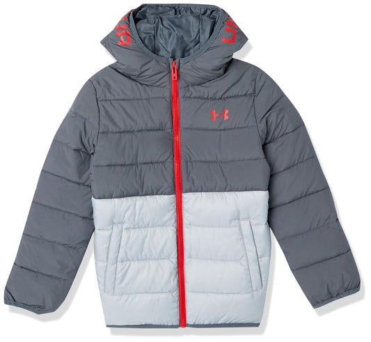 Under Armour Boys' Pronto Puffer Jacket, Mid-Weight, Zip Up Closure, Repels Water, Pitch Gray Colorblock, Large