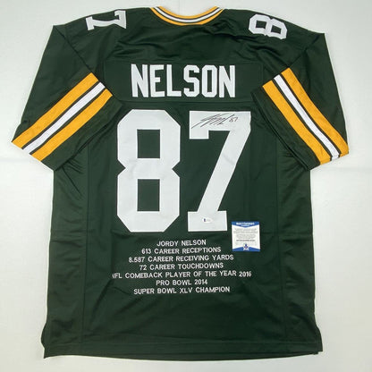 Autographed/Signed Jordy Nelson Green Bay Green Stat Football Jersey JSA COA