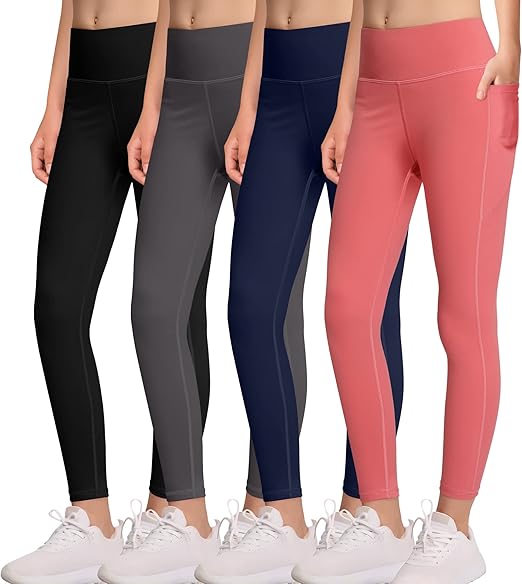 MIRITY Girls Athletic Leggings with Pockets - 4 Pack Kids Yoga Dance Workout Running Active Leggings