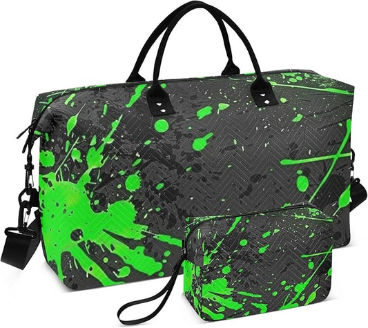 Fluorescent Green Meets Black Personal Item Travel Bag Weekender Bag Sports Gym Tote Bag with Adjustable Strap for Yoga Waterproof